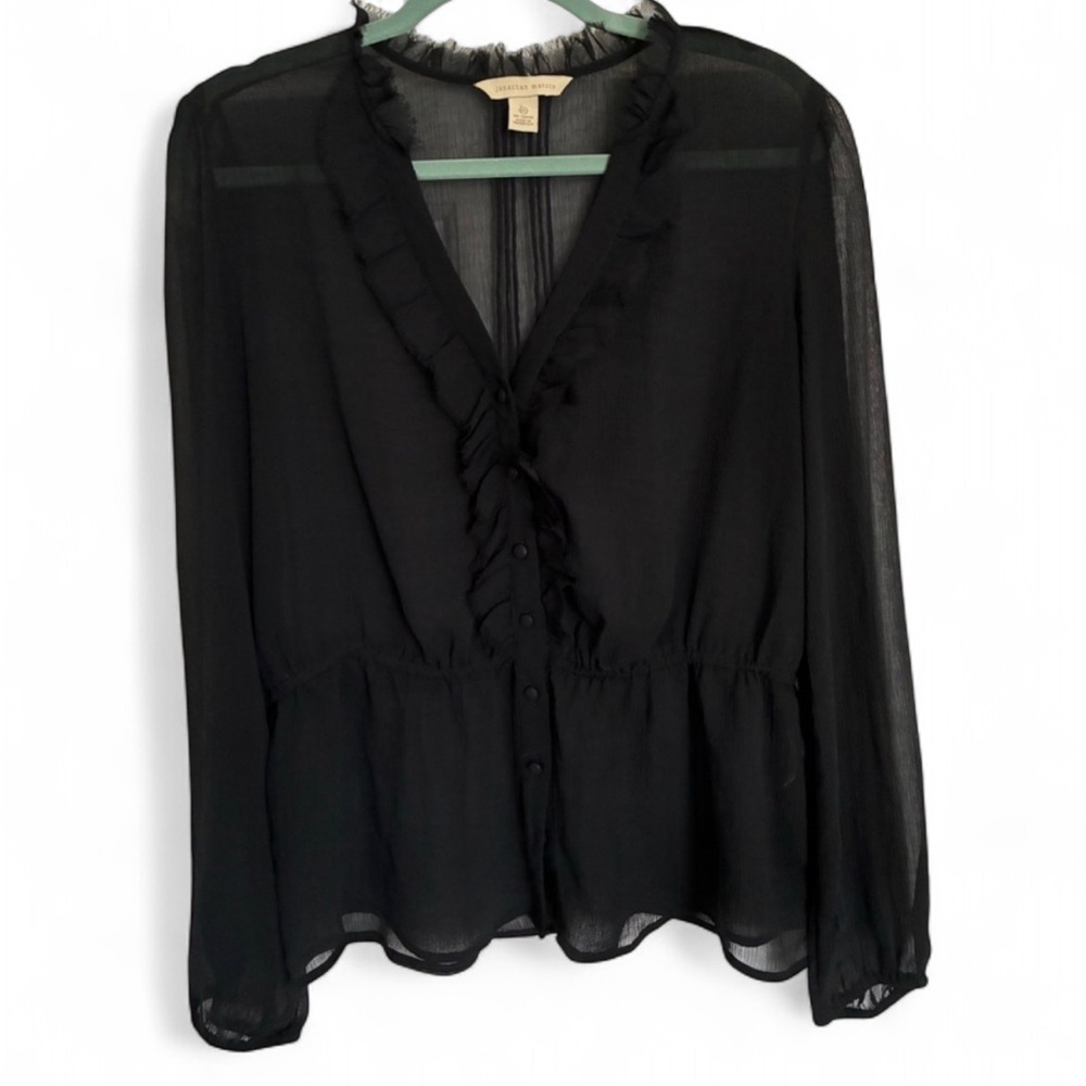 Jonathan Martin Black Chiffon V-Neckline Ruffled Trim Blouse Large